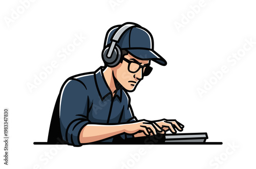 Man working at a desk with headphones illustration