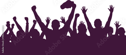 Crowd of people cheering and celebrating with hands raised in excitement