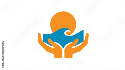Hands holding sun and ocean wave icon, representing environmental protection, sustainable energy, water care, and nature conservation.