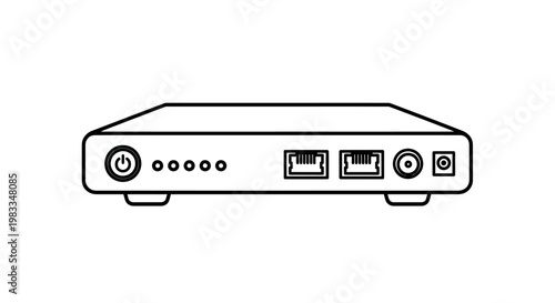 Line art of a small electronic device with a power button, indicator lights, and ports