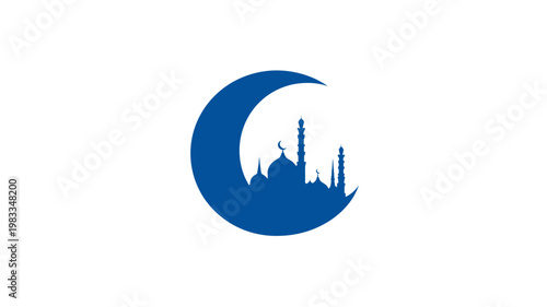 Blue Crescent Moon and Mosque Silhouette Icon for Islamic Religion, Ramadan, Eid Mubarak, and Muslim Culture