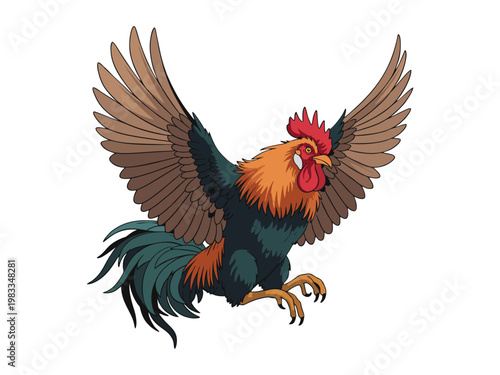 Majestic Crowing Rooster Illustration with Spread Wings on White Background