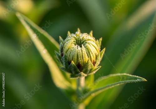 Close-up of a vibrant green flower bud in natural light.