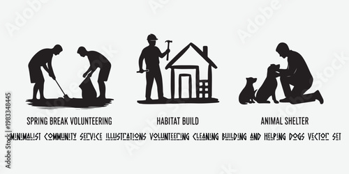 Black silhouette people volunteering spring break habitat for humanity and animal shelter vector pack