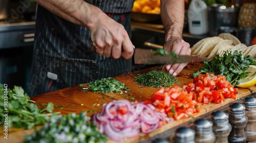 Wallpaper Mural In a bustling kitchen, a skilled chef expertly chops vibrant fresh herbs and vegetables, including leafy greens, tomatoes, and onions, on a sturdy wooden cutting board Torontodigital.ca