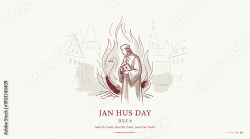 A man in a robe stands amidst flames on Jan Hus Day in Prague.