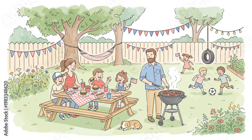 Family enjoying a picnic with a barbecue in the backyard on a sunny day