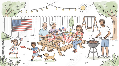Family gathers for outdoor picnic barbecue in backyard on sunny day