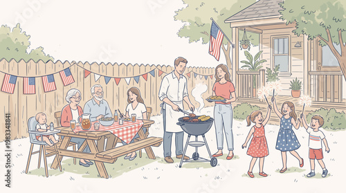 Family gathered in backyard for barbecue on summer afternoon with children