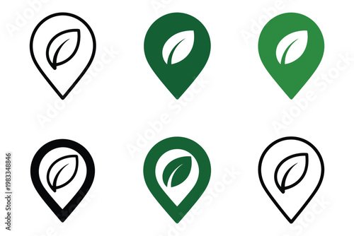 Urban foraging logos set, clean minimalist emblem variations of map pin and leaf symbol, cohesive branding collection