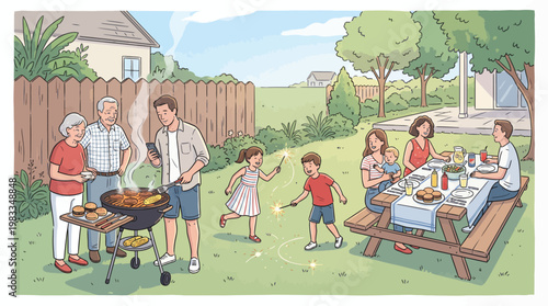 Family gathers in backyard for outdoor picnic barbecue on sunny day