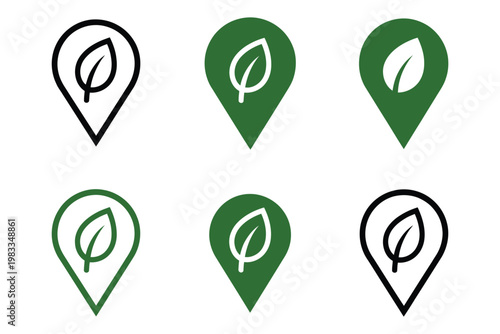 Urban foraging logos set, harmonious logo variations featuring map pin with leaf emblem, modern vector identity design representing urban foraging, sustainability, nature discovery