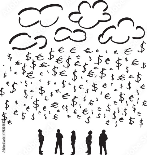 vector, People watching money fall from the sky, euros and dollars, drawing done with a marker