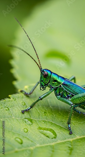 Close-up of a vibrant green grasshopper on a leaf with water droplets.