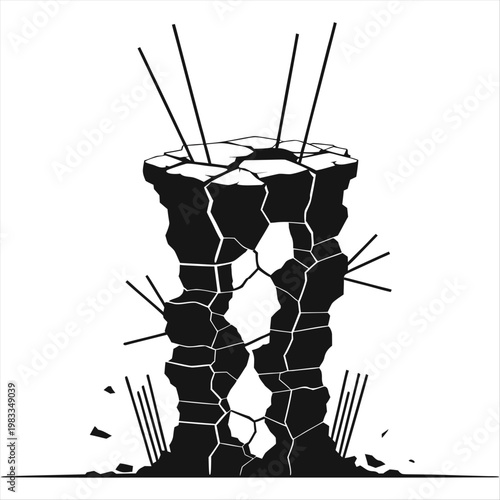 Concrete structure with reinforcement bars and deep cracks in high contrast industrial style