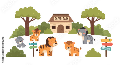 Safari park cartoon landscape with cute wild animals, zoo entrance building with lion and tiger cubs, flat vector illustration for kids