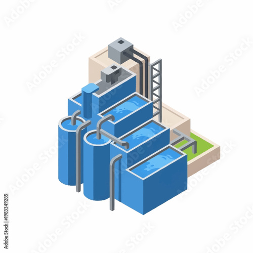 Industrial Water Treatment Plant Isometric Illustration.