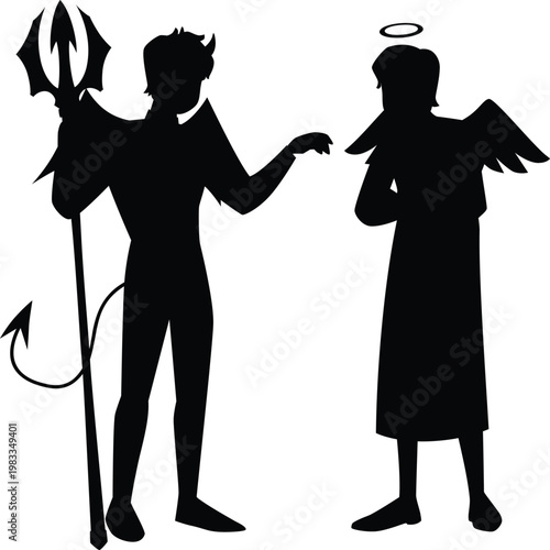 Good or bad symbols vector black silhouette, devil and angel on different sides, right or wrong decision concept