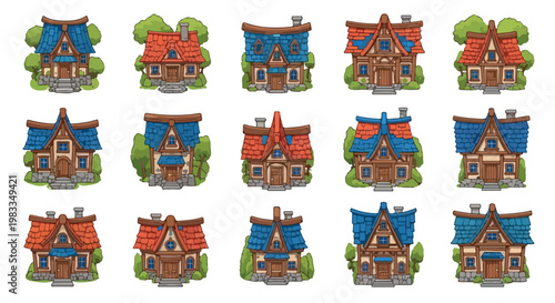 Fantasy medieval cottage vector set, 15 cartoon village houses with blue and red roofs, fairytale timber frame building icons for game design