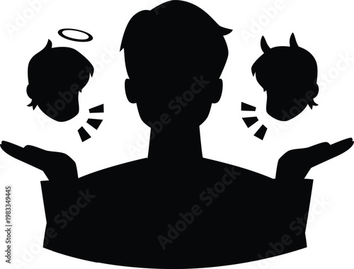 Black silhouette of a man with raised arms and the heads of an angel and a devil.