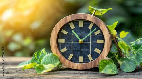 Wooden clock with green leaves sunny day