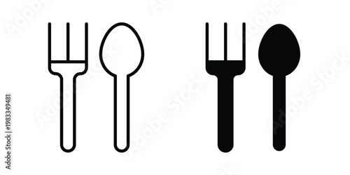 Spoon and Fork icon outline style. Black solid silhouette style icons