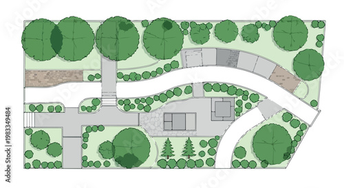 Landscape design site plan vector, architectural garden layout with trees and pathways, top view park master plan for urban development