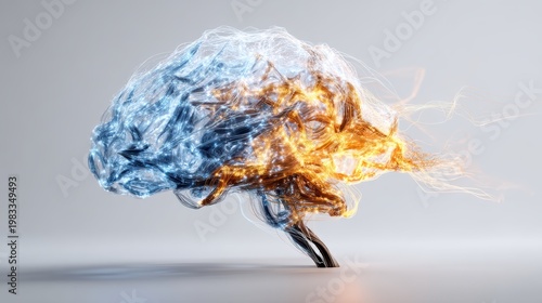 digital brain powered by blue and orange data flow in tech environment