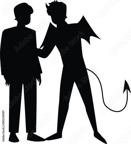 Man decide or think with devil black silhouette, wrong ethical decision, evil human advisor, vector flat temptation