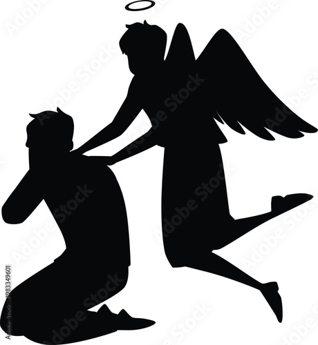Man grieving sitting on knees and covering face with hands, angel with wings calms crying guy vector black silhouette