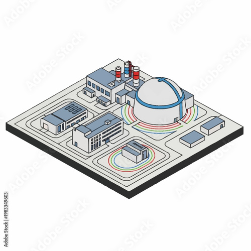 Isometric illustration of a nuclear power plant and industrial complex.