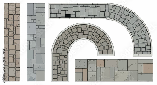 Stone paving vector set with straight and curved walkway sections, grey cobblestone path elements, architectural landscape masonry textures