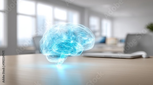 Holographic digital brain rising above modern office workstation