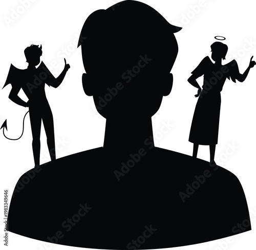 Black silhouette of a man with an angel and a demon standing on his shoulders.