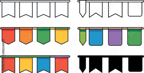 Colorful pennant banners in different styles and colors hanging on a line