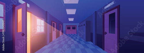 An empty school hallway at night with lockers and one open door with a light on.