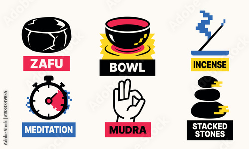 Meditation objects brutalist icon set — zafu, bowl, incense, mudra and stones vector illustration