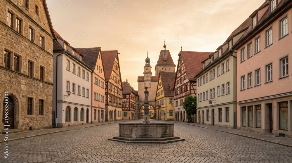 Naklejka premium Traditional european town square with historic architecture at sunset