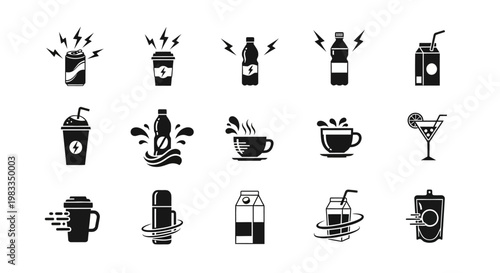 Energy drinks and beverage containers vector icon set collection including soda cans energy shots coffee cups plastic bottles milk cartons and takeaway cups