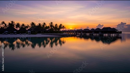 Tropical Island Sunset Reflection Over Calm Ocean Water with Palm Trees and Overwater Bungalows