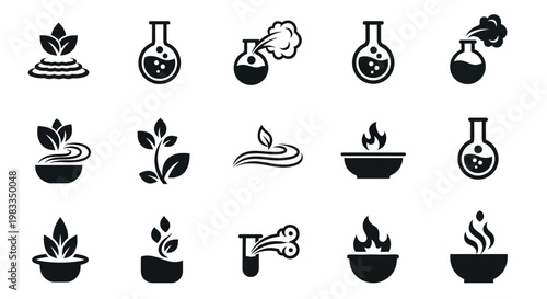 herbal and botanical icons with plants and lab flasks representing natural extracts and science research