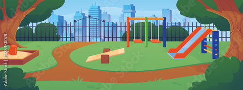Children's playground with sandbox, slide, swing in city park vector flat illustration, kids physical activity zone