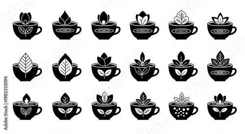 Herbal tea cups and green tea leaf icons set collection featuring various leaf arrangements on tea cups for organic beverage branding and wellness design