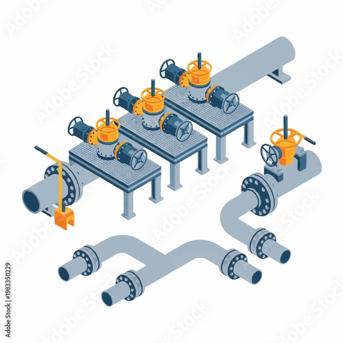 Isometric industrial pipeline system with valves and pumps.