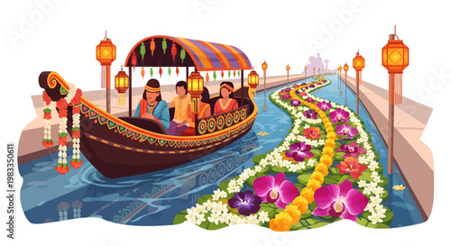 Vibrant Flower Boat on Serene Canal with Lanterns