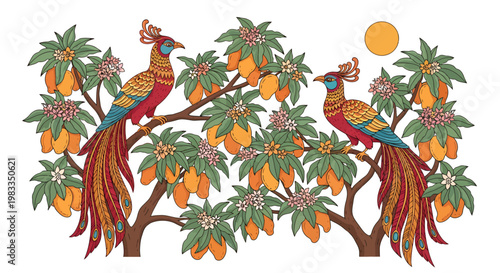 Vibrant peacocks on orange tree with sun