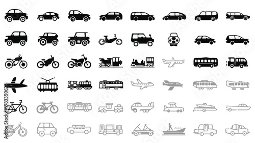 Collection of diverse vehicle and transportation icons