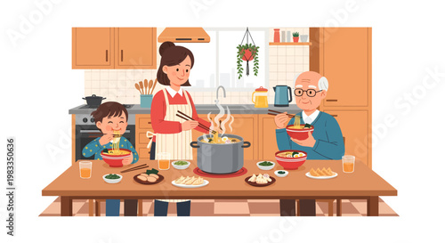 Family cooking together in kitchen at home with food on table