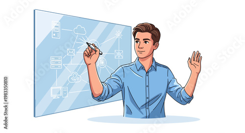 Businessman presenting on interactive screen with graphs
