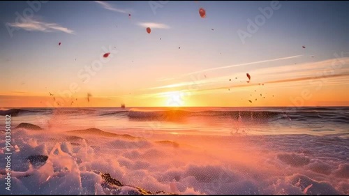 Dramatic ocean wave crashing against rocks at sunset, golden hour light.
